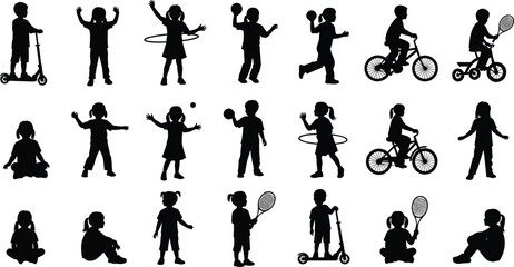 Children Silhouettes Playing, Riding Bikes and Scooters, and Doing Sports Activities Isolated on White Background for Childhood, Education, and Active Lifestyle Concept Illustration