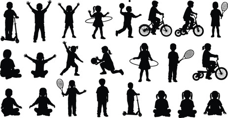 Children Silhouettes Playing Sports, Riding Bikes, Scooters, and Sitting in Various Active Poses Isolated on White Background for Childhood Play and Education Concept Illustration