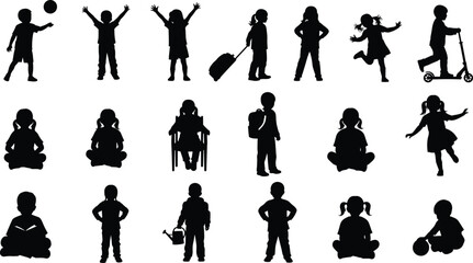 Collection of Children Silhouettes in Various Activities and Poses Isolated on White Background for Childhood, Education, and Play Concept Illustration