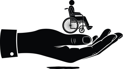 Disability care concept silhouette showing wheelchair user supported by helping hand, accessibility assistance, healthcare protection isolated on white background