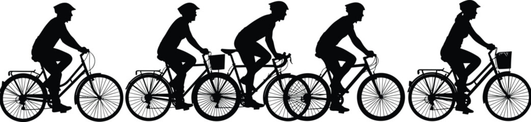 Obraz premium Cyclist silhouette sequence showing people riding bicycles in different positions, urban commuting and outdoor cycling activity isolated on white background