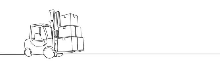 Continuous one line drawing of a forklift with boxes. Vector illustration of warehouse cargo truck isolated on white background. Minimalist logistics concept