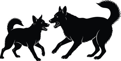 Dog fighting silhouette illustration showing aggressive canine behavior, confrontation and dominance concept, animal interaction isolated on white background