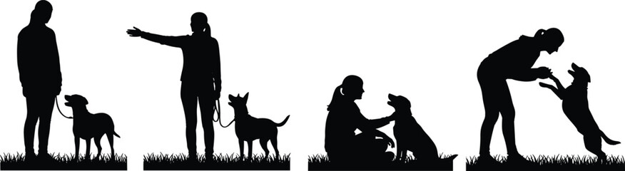 Dog training silhouette set showing owner interacting with pet, obedience practice, bonding moments and positive animal behavior isolated on white background