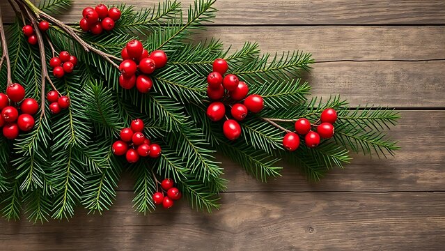Festive evergreen branches with red berries on rustic wood.