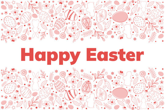 A festive "Happy Easter" banner with elegant red text, framed by a delicate border of pink and white floral patterns and Easter eggs on a clean white background.