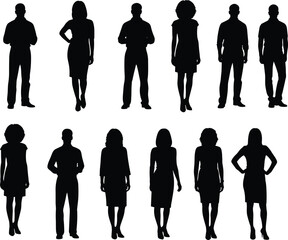Group of Men and Women Silhouettes Standing in Different Poses Isolated on White Background for Business, People, and Lifestyle Concept Illustration