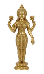 Golden brass statue of Goddess Lakshmi standing with two lotuses, representing spiritual and material prosperity.