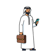 Arab Businessman Using Smartphone and Carrying Briefcase Isolated Vector Illustration