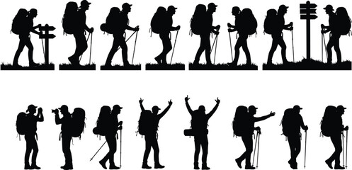 Hikers and Backpackers Silhouettes Walking with Trekking Poles and Cameras Isolated on White Background for Outdoor Adventure, Travel, and Exploration Concept Illustration