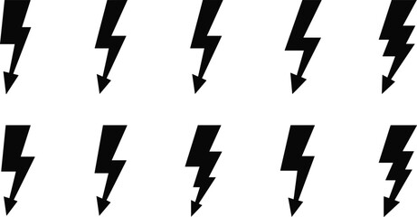 Lightning bolt silhouette icon set showing electric power, energy warning symbols, thunder shapes isolated on white background