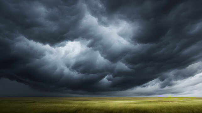 Dark storm clouds looming over field: The dramatic sky unleashes its raw energy as dark, brooding storm clouds amass, casting a palpable sense of anticipation and drama over a serene field of golden.