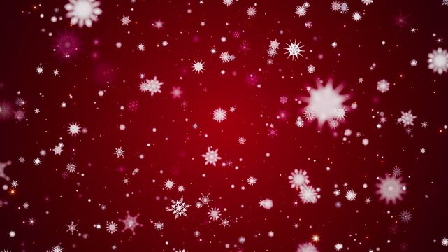 Christmas moving 4k background, snowfall with white snowflakes and particles on a red background. Loop animation