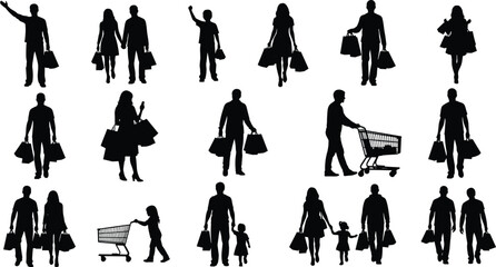 People Shopping Silhouettes Carrying Bags and Carts in Various Walking Poses Isolated on White Background for Retail Consumer Lifestyle Concept Illustration