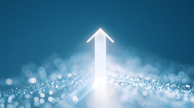 Ascending Path: A luminous, bright arrow pointing upward, symbolizing progress, growth, and forward momentum against a vivid, deep blue background, surrounded by sparkling particles.
