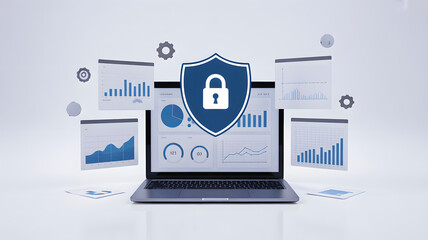 Laptop with shield and lock on screen surrounded by floating graphs and gears on white background, representing cybersecurity and data protection