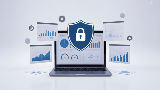 Laptop with shield and lock on screen surrounded by floating graphs and gears on white background, representing cybersecurity and data protection - Powered by Adobe