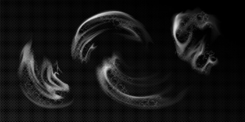 Soap foam stains set isolated on transparent background. Vector realistic illustration of water bubbles on glass surface, wash sponge trace texture in shower or bathroom, cleaning detergent effect