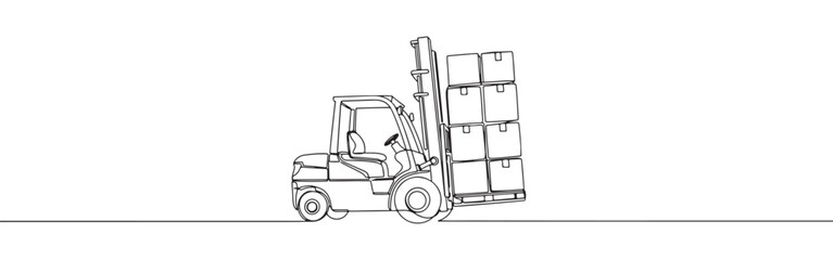 Continuous one line drawing of a forklift with boxes. Vector illustration of warehouse cargo truck isolated on white background. Minimalist logistics concept