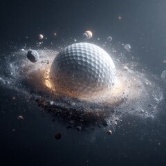 3D Render Of A Golf Ball Exploding Into Glitter And Space Debris With Stars