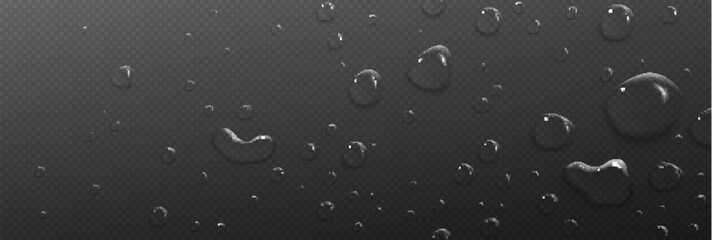 Waterdrop collection with realistic droplets on transparent background. Clear water drops with glossy surface and reflection effect. Isolated rain droplets with shiny liquid texture for fresh design.