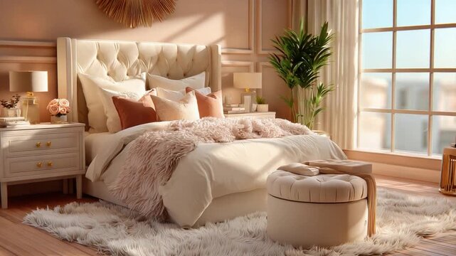 Cozy Bedroom Sanctuary: A luxurious bedroom boasts an inviting ambiance, adorned with elegant furnishings, creating a serene and comfortable retreat bathed in natural light.