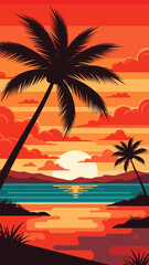 Vibrant tropical sunset with silhouetted palm trees reflected in the calm ocean water.