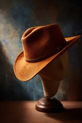 A Detailed Cowboy Hat On A Mannequin Head With A Moody Dark Background And Dramatic Lighting