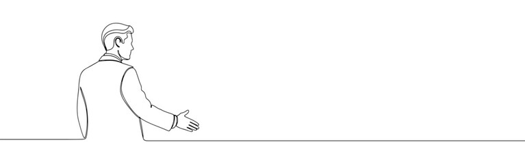 Obraz premium Continuous one line drawing of a businessman offering a handshake. Vector illustration of greeting gesture isolated on white background. Minimalist concept