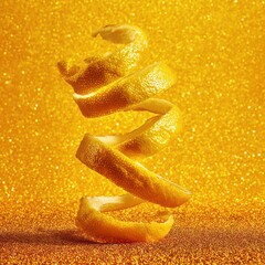 A Fresh Orange Peel Spiral Twists Against A Vibrant Golden Glitter Background