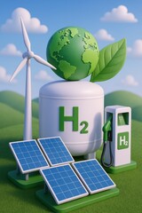 3D Isometric Illustration, Green Hydrogen Production Plant,  Wind Turbines, Solar Panels, Renewable Energy. Miniature Model, Eco Friendly H2 Factory, Sustainable Infrastructure Representing Energy