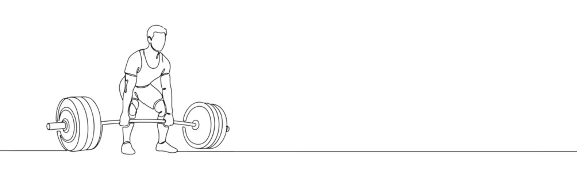 Continuous one line drawing of a weightlifter. Vector illustration of a man lifting a barbell isolated on white background. Minimalist gym workout concept