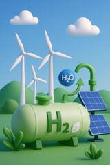 3D Isometric Illustration, Green Hydrogen Production Plant,  Wind Turbines, Solar Panels, Renewable Energy. Miniature Model, Eco Friendly H2 Factory, Sustainable Infrastructure Representing Energy