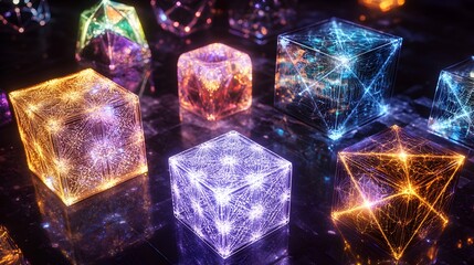 Glowing geometric digital cubes with intricate light patterns float above a dark reflective surface in a futuristic abstract scene