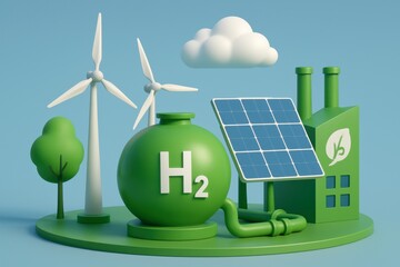 3D Isometric Illustration, Green Hydrogen Production Plant,  Wind Turbines, Solar Panels, Renewable Energy. Miniature Model, Eco Friendly H2 Factory, Sustainable Infrastructure Representing Energy