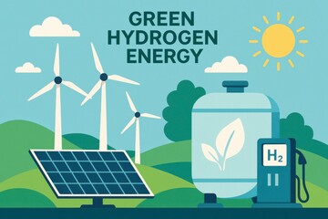 Illustration, Green Hydrogen Production Plant,  Wind Turbines, Solar Panels, Renewable Energy. Miniature Model, Eco Friendly H2 Factory, Sustainable Infrastructure Representing  Clean Energy