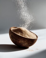A Rustic Half Coconut Shell Filled With Light Brown Sugar With Sugar Crystals Falling From Above
