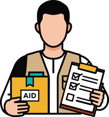 Aid Worker Holding Donation Box and Checklist Vector Illustration