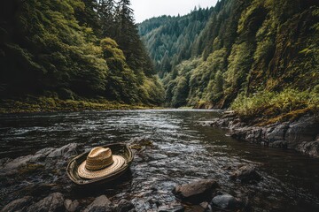 A Straw Hat Floats In A Serene Forest River With Sunlight Dappling The Water And Lush Green Trees