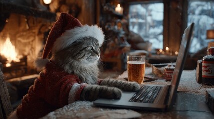 A cat wearing Santa Claus clothes outside in the snow, inside a warm mountain cabin with a roaring stove, drinking beer from a glass and to operate a computer on the open table