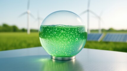 H2 Molecules, Glass Ball, Zero Emission Technology, Environmental Protection, Alternative Energy Source, Green Hydrogen Energy Sphere, Solar Panels, Wind Turbines, Photovoltaic Cells, Windmills