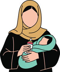 Muslim Mother Bottle Feeding Baby Flat Vector Illustration