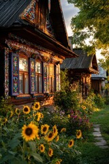 Fototapeta premium Traditional village cottage featuring richly decorated windows and a vibrant sunflower garden during sunset