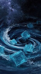 Abstract Blue Swirl With Floating Cubes In Deep Space With Stars