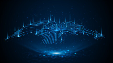 A holographic world map. The concept relates to a global network of connectivity. Internet technology or global communication.