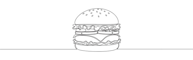 Continuous one line drawing of a burger. Vector illustration of delicious fast food sandwich isolated on white background. Minimalist lunch meal concept