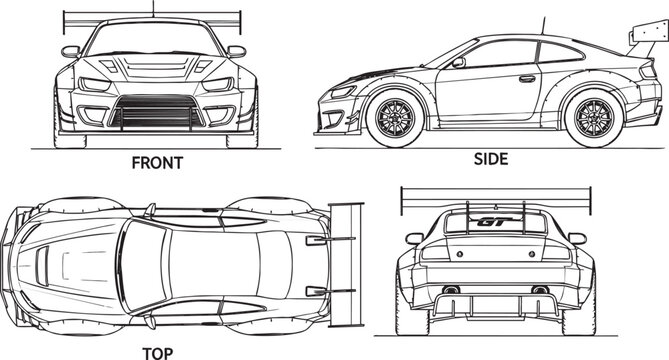 Detailed schematic of a custom-built GT racing vehicle from multiple angles.