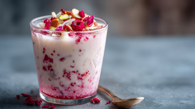 Creamy falooda dessert with rose syrup, nuts and dried fruits in a glass, a traditional Indian sweet drink served elegantly