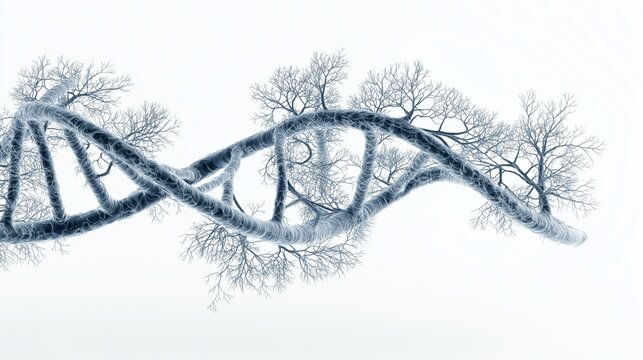 DNA structure resembles tree branches in scientific artwork depicting genetics and biology ideas