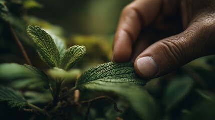 Person touching green leaves during daytime in a natural setting